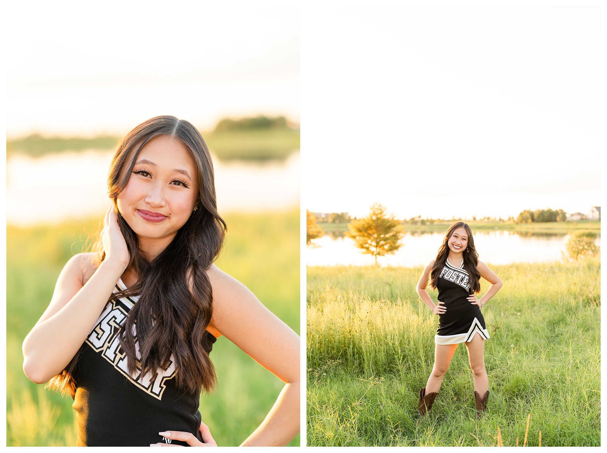 Sunset nature senior session with cheerleading outfit at Josey Lake Park in Bridgeland in Cypress, Texas by Houston photographer - Mary Beth Photography