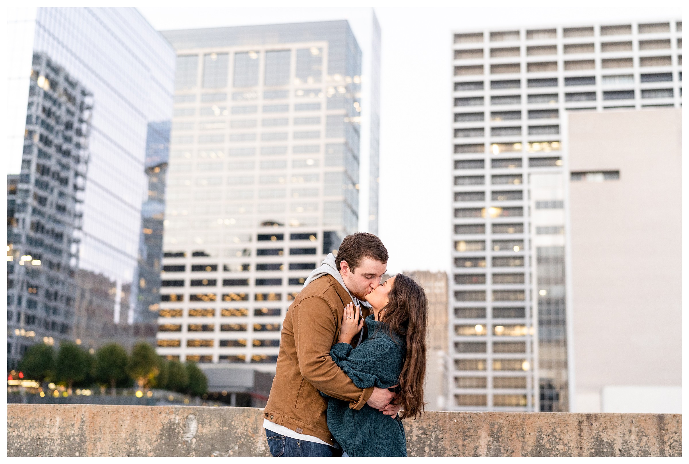 Casual and fun sunset rooftop parking garage engagement session in Downtown Houston, Texas by Mary Beth Photography