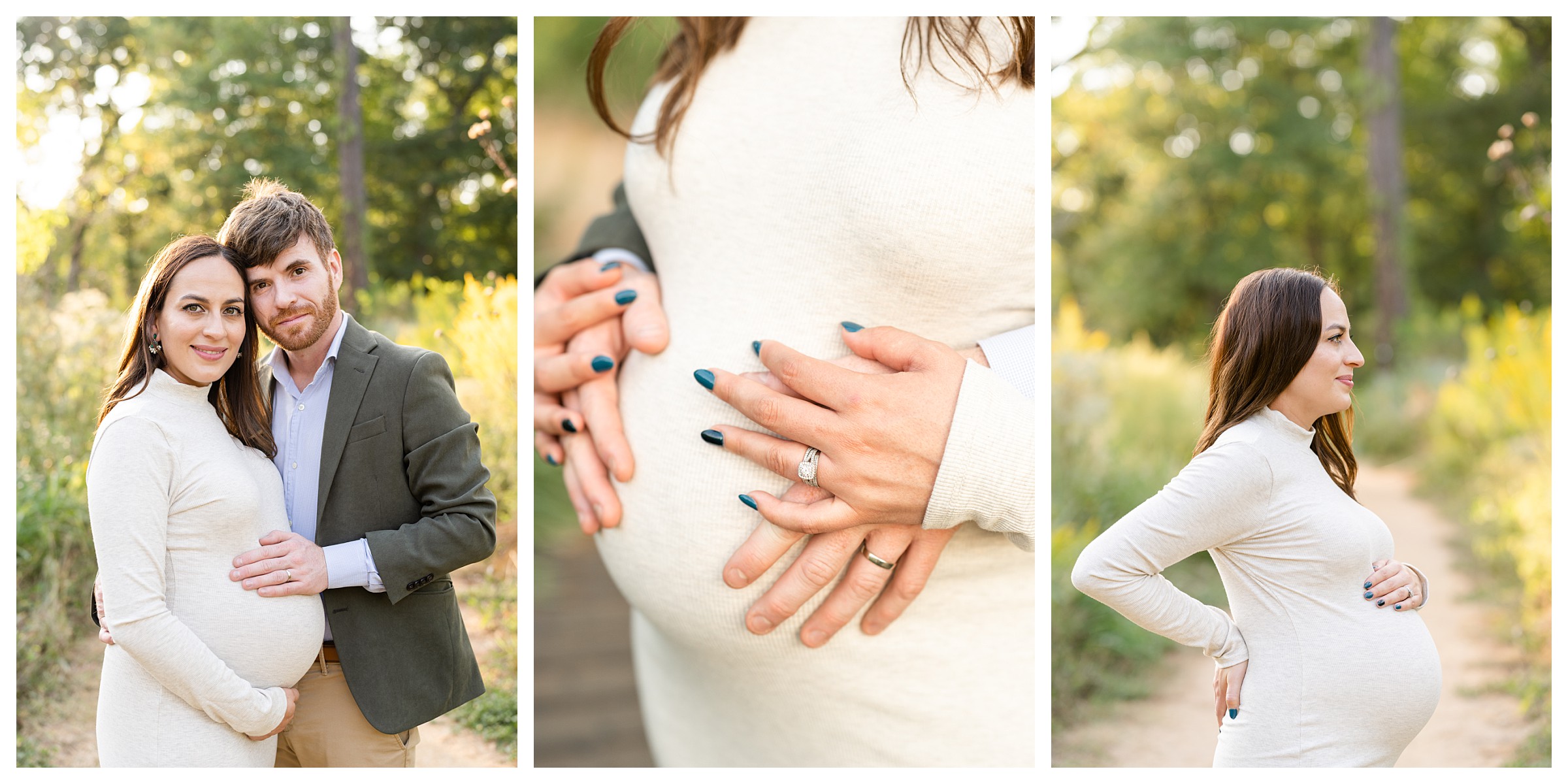 First image is of husband and wife standing with hand on pregnant belly on a gravel path surrounded by nature at the Houston Arboretum, second image is close up of all hands on belly and third image is of wife looking away with her hand on belly and smiling