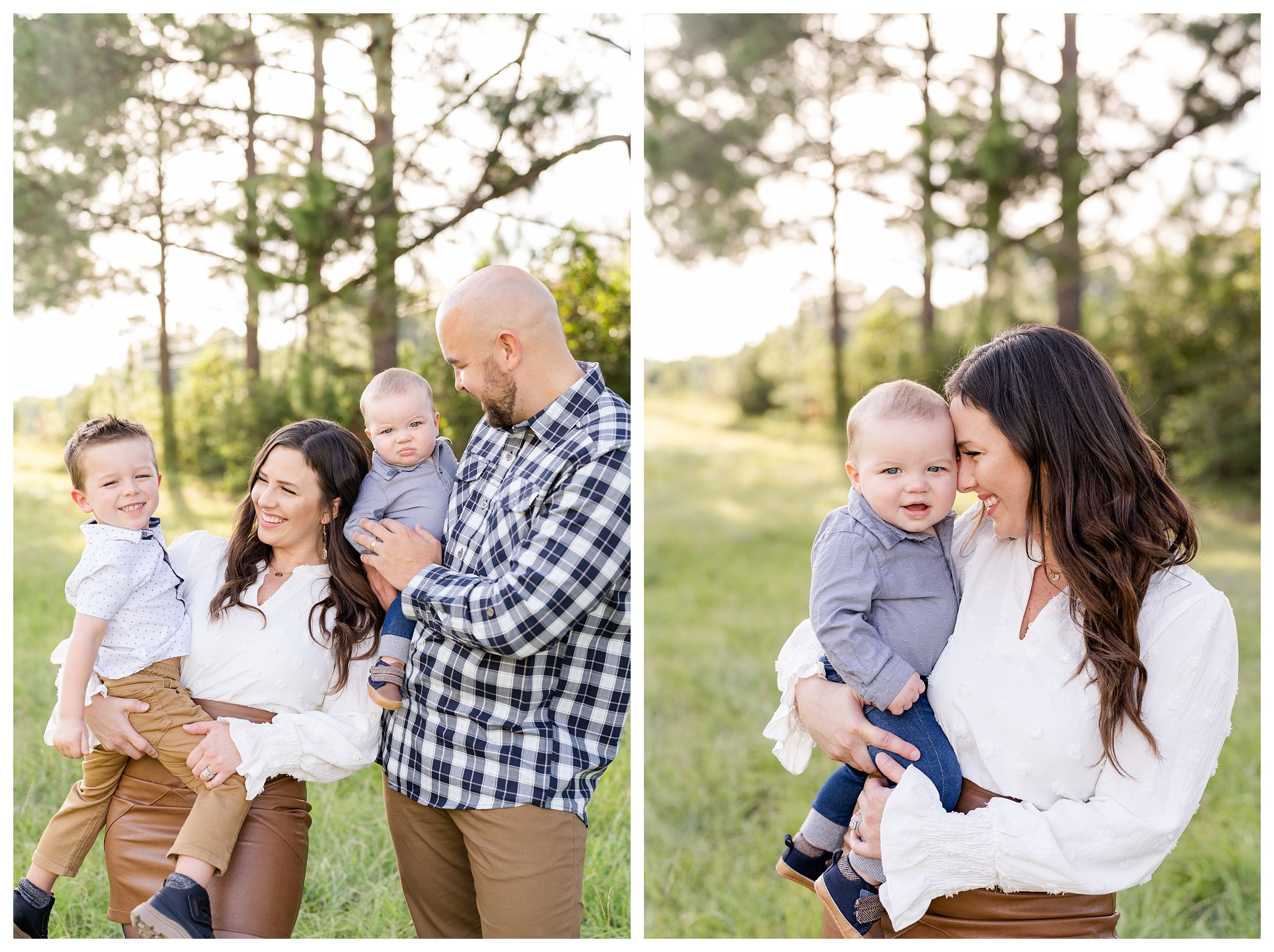 First image is Mom and Dad each holding a little boy while looking at each other and kids looking at camera. Second image is Mom nuzzling little boy she's holding while he laughs at the camera at Cy-Hope