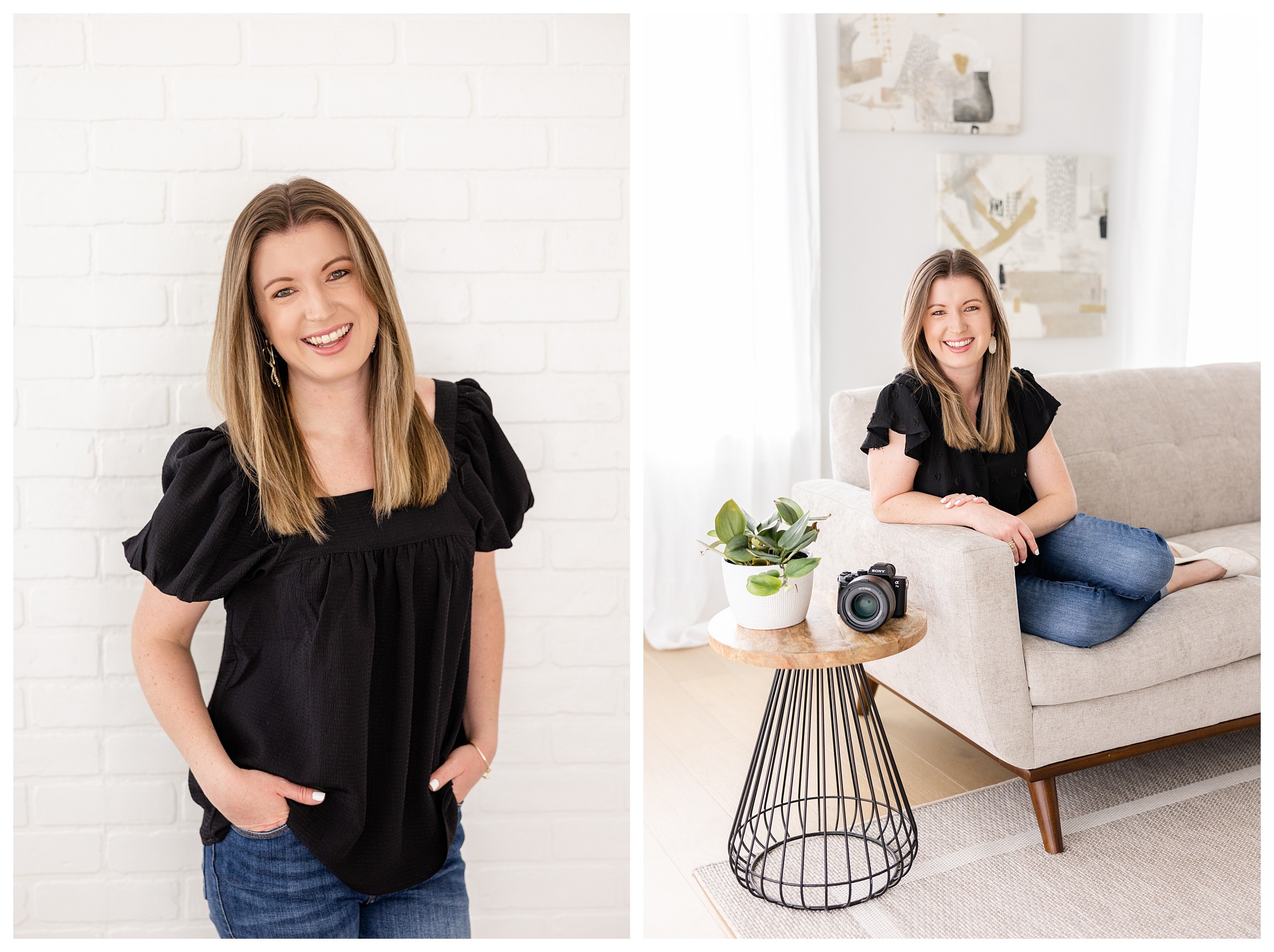 First image is of woman in black shirt and jeans smiling with hands in pockets in front of a while brick wall at 201 Lofthaus and second image is girl sitting on couch with legs up and leaning on arm rest with camera on side table