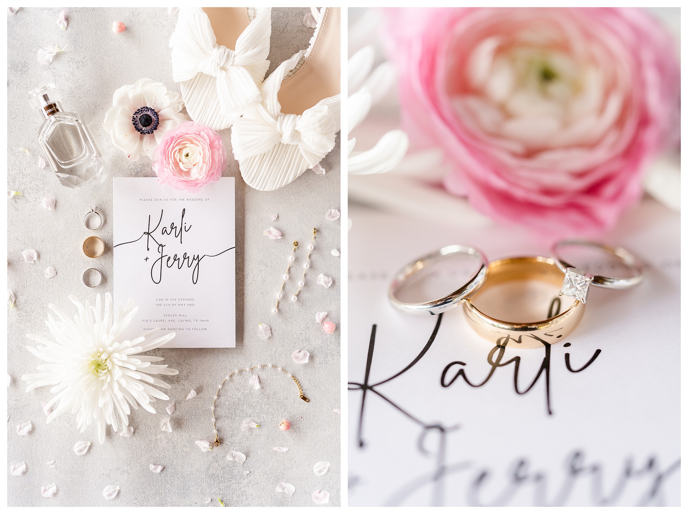 First image is a flat lay of invitation with flowers, bridal shoes, perfume, necklace, earrings and wedding rings and second image is wedding rings stacked on wedding invitation with flowers behind them.