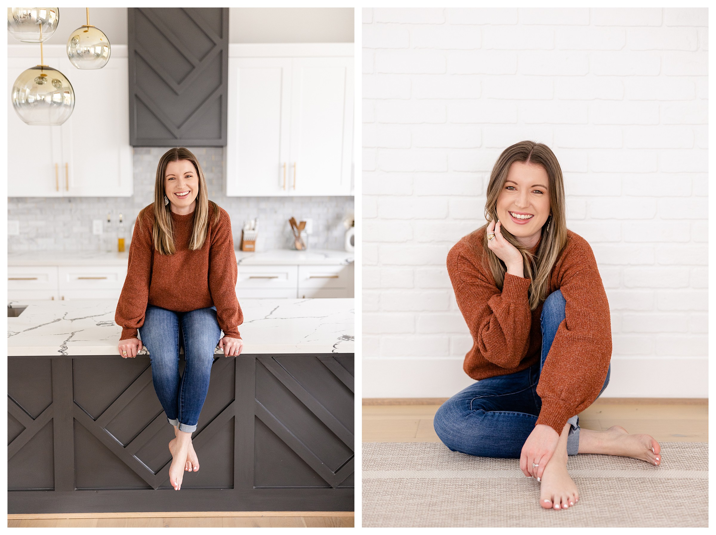 First image is of woman sitting on the edge of a kitchen island in an orange sweater and jeans and the second image is of same woman sitting on floor and hugging knee with other hand in hair in front of a white brick wall at 201 Lofthaus