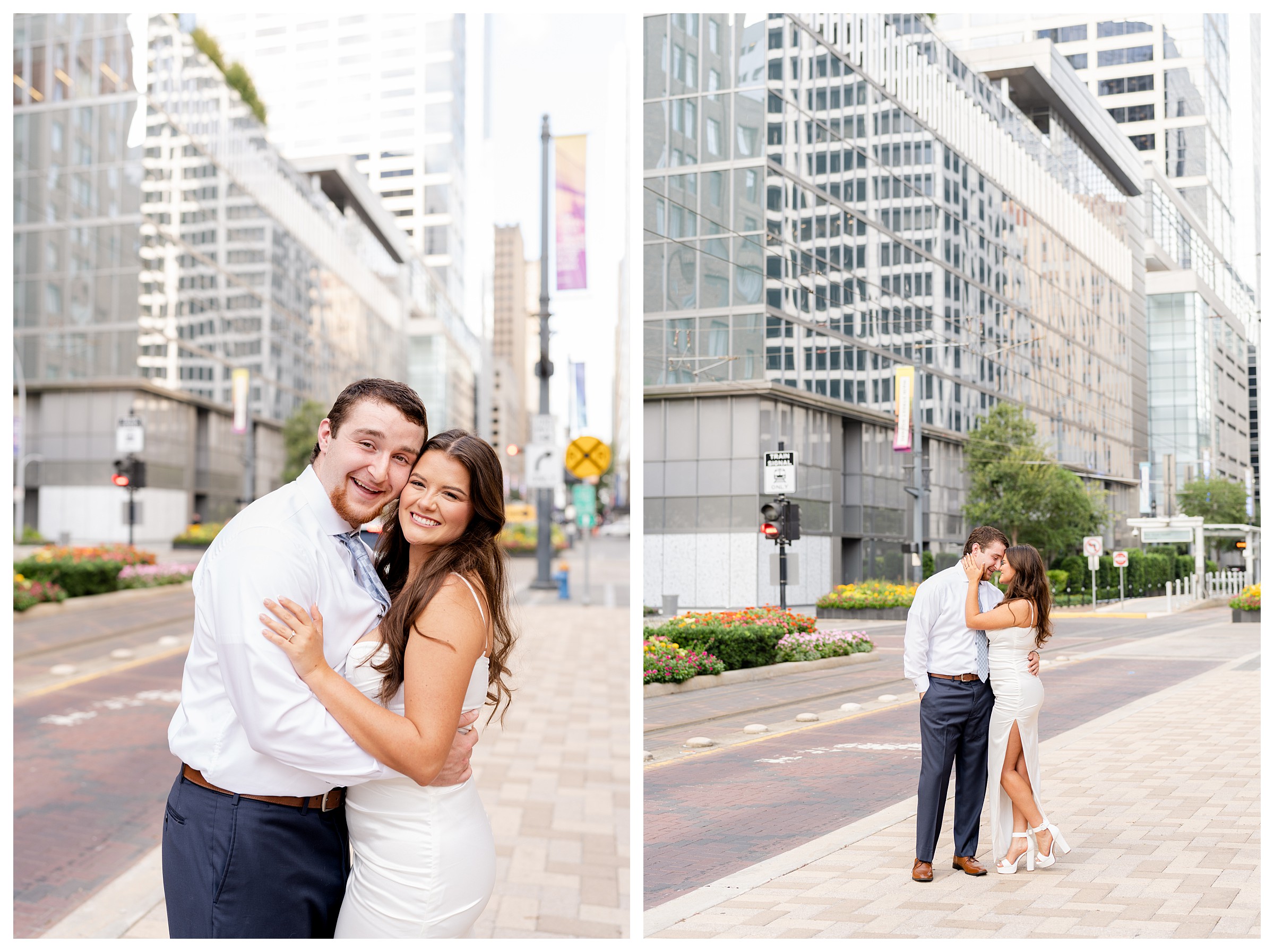 Couple in Downtown Houston - the first image is the couple hugging each other and smiling and the second image is the a pulled back shot of the couple facing each other and forehead to forehead with Downtown behind them.