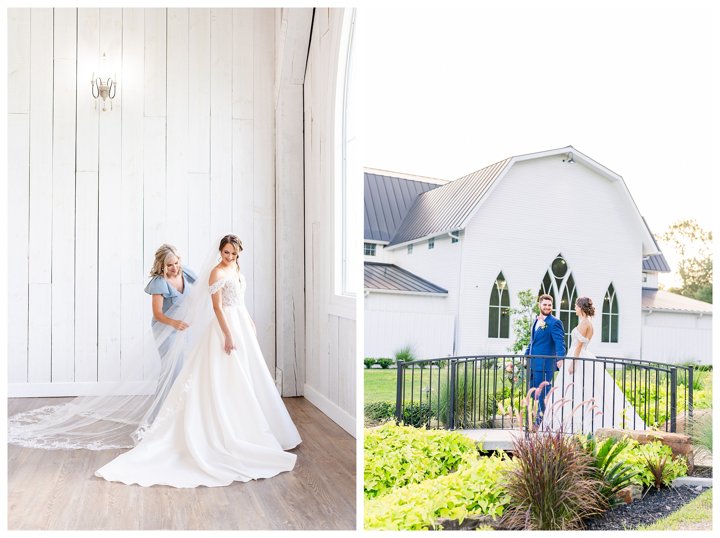 First image is of mom putting veil on daughter in her wedding dress while both are smiling in a white barn and second image is of groom leading bride across a bridge and smiling back at her with the Springs Wallisville wedding venue in the background