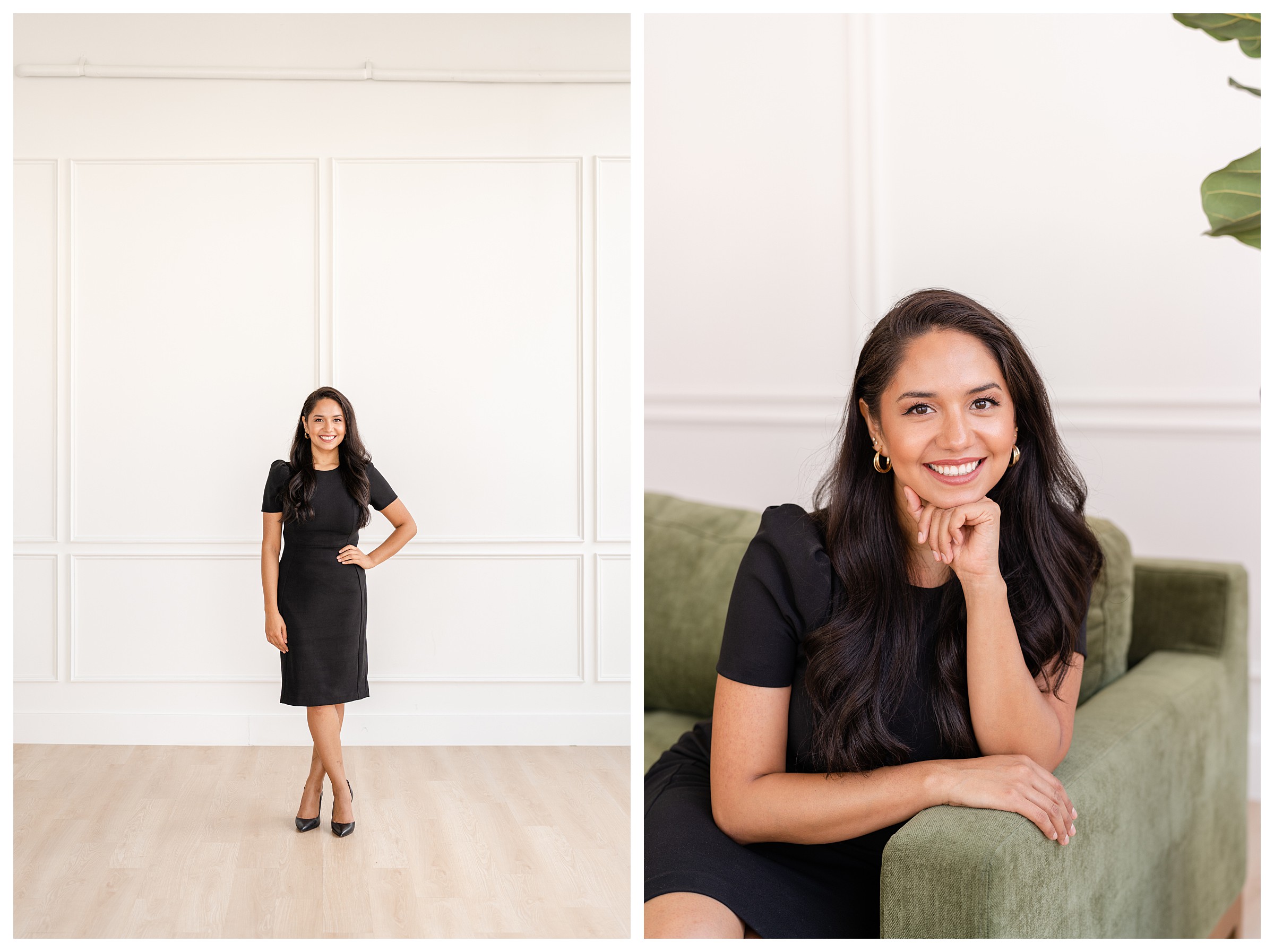 First image is woman standing in fitted black dress with hand on hip and smiling in Lumen Room studio in Houston. Second image is of the same woman sitting leaning on the arm of the green couch and resting chin on hand and smiling with white wall behind her in Lumen Room.