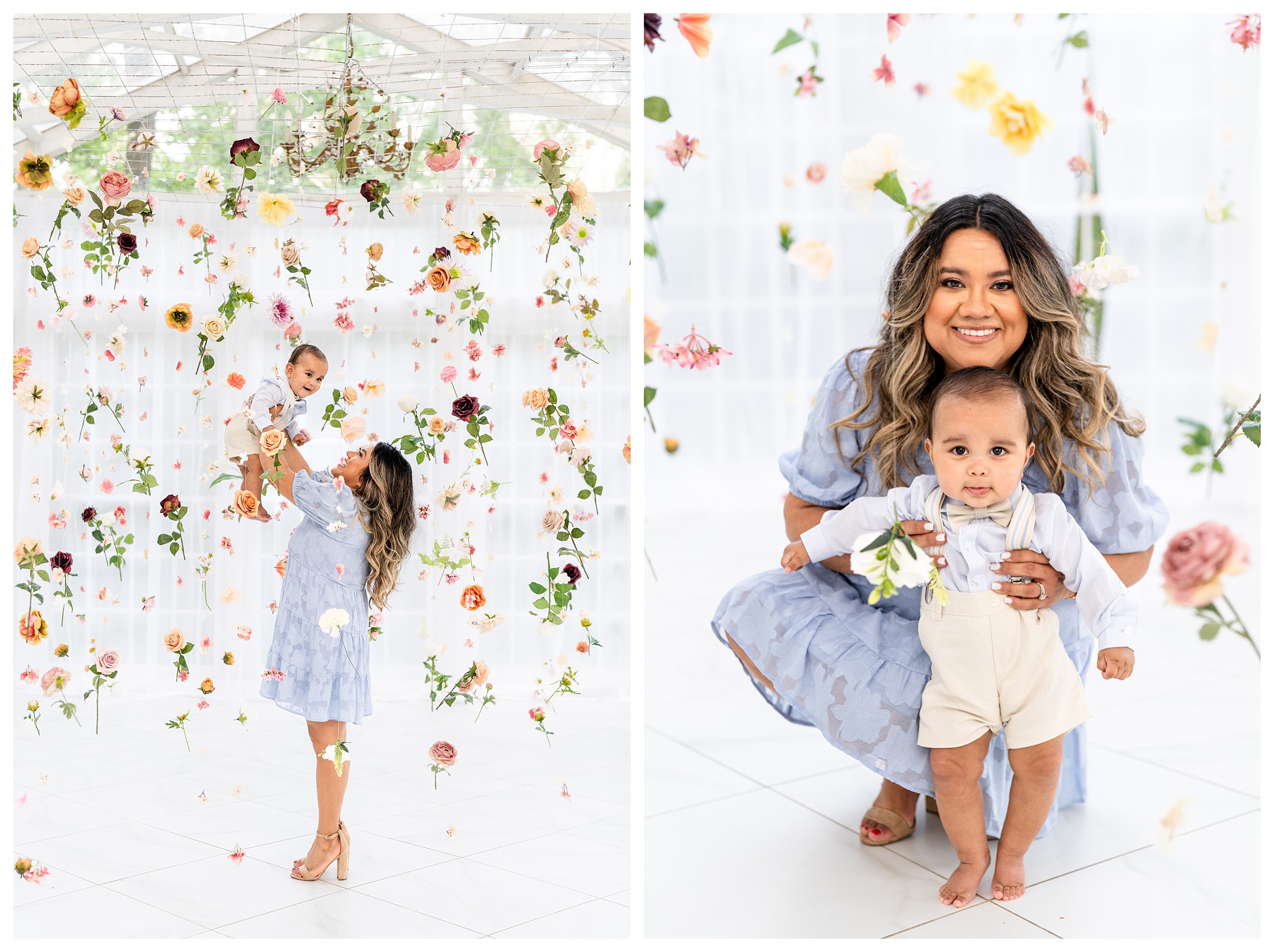 First image is mom holding her son up in the air while standing in a white greenhouse of hanging flowers at The Oak Atelier in Houston, Texas
