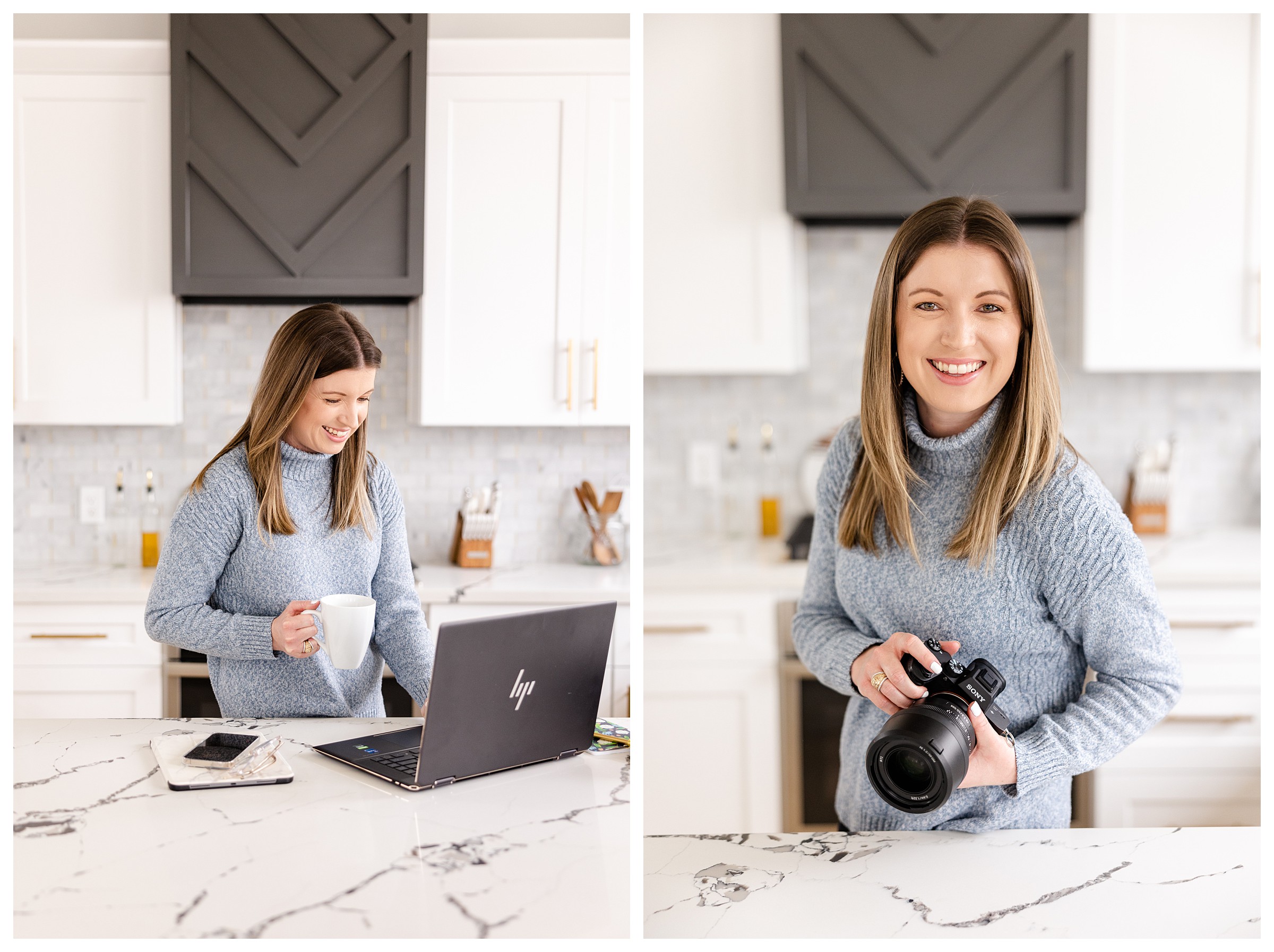 First image is of woman in blue sweater holding a cup of coffee and typing on her laptop while smiling in an all white kitchen at 201Lofthaus, a Houston studio. Second image is of woman with blue sweater standing in kitchen holding camera at her waist and smiling