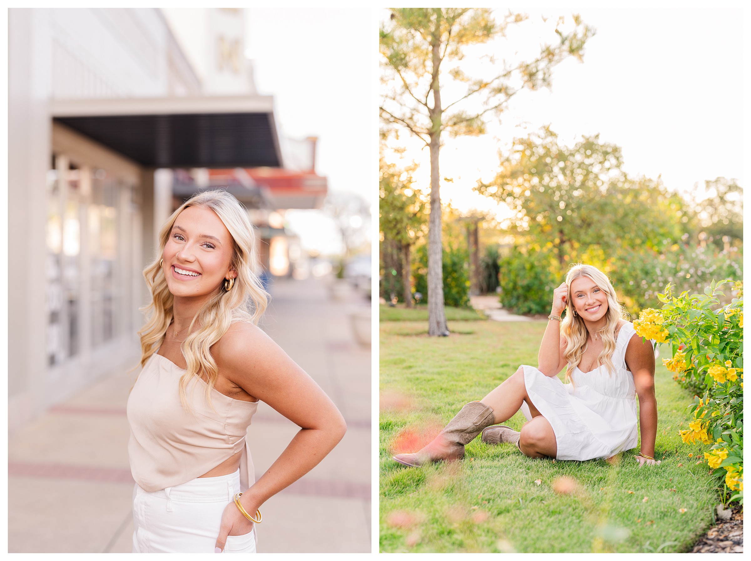 First image is of girl with hands in back pocket and smiling while turned to the side and wearing a pink top with white pants in the middle of Downtown Bryan. Second image is of girl sitting in grass and leaning elbow on knee with hand in hair and smiling at camera surrounded by flowers at sunset.